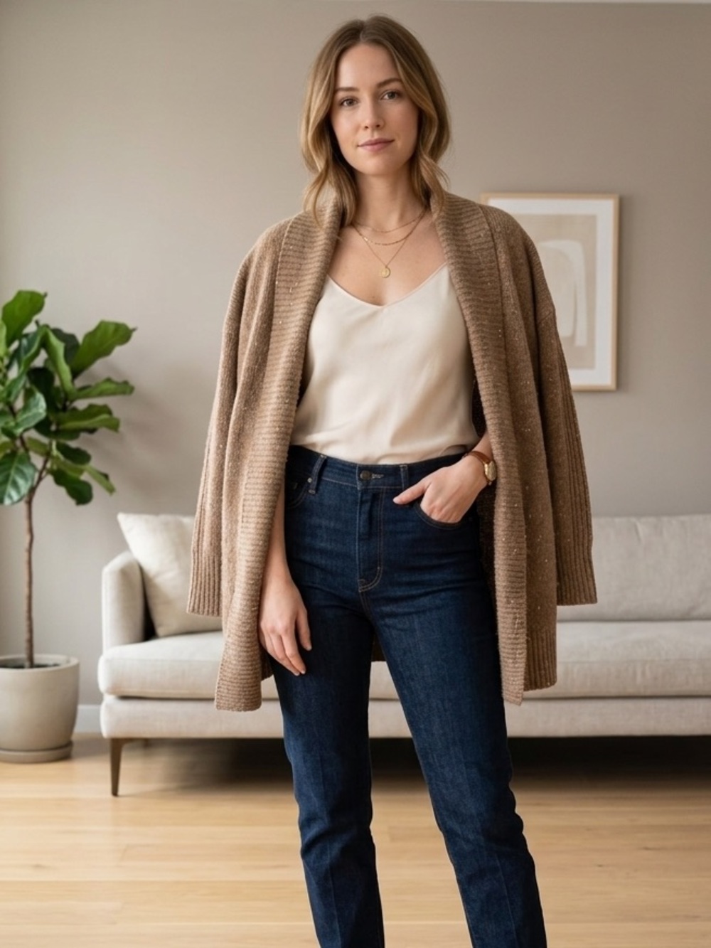 Lauren Ralph Lauren Camel Open Cardigan Merino Wool Alpaca XS Cozy